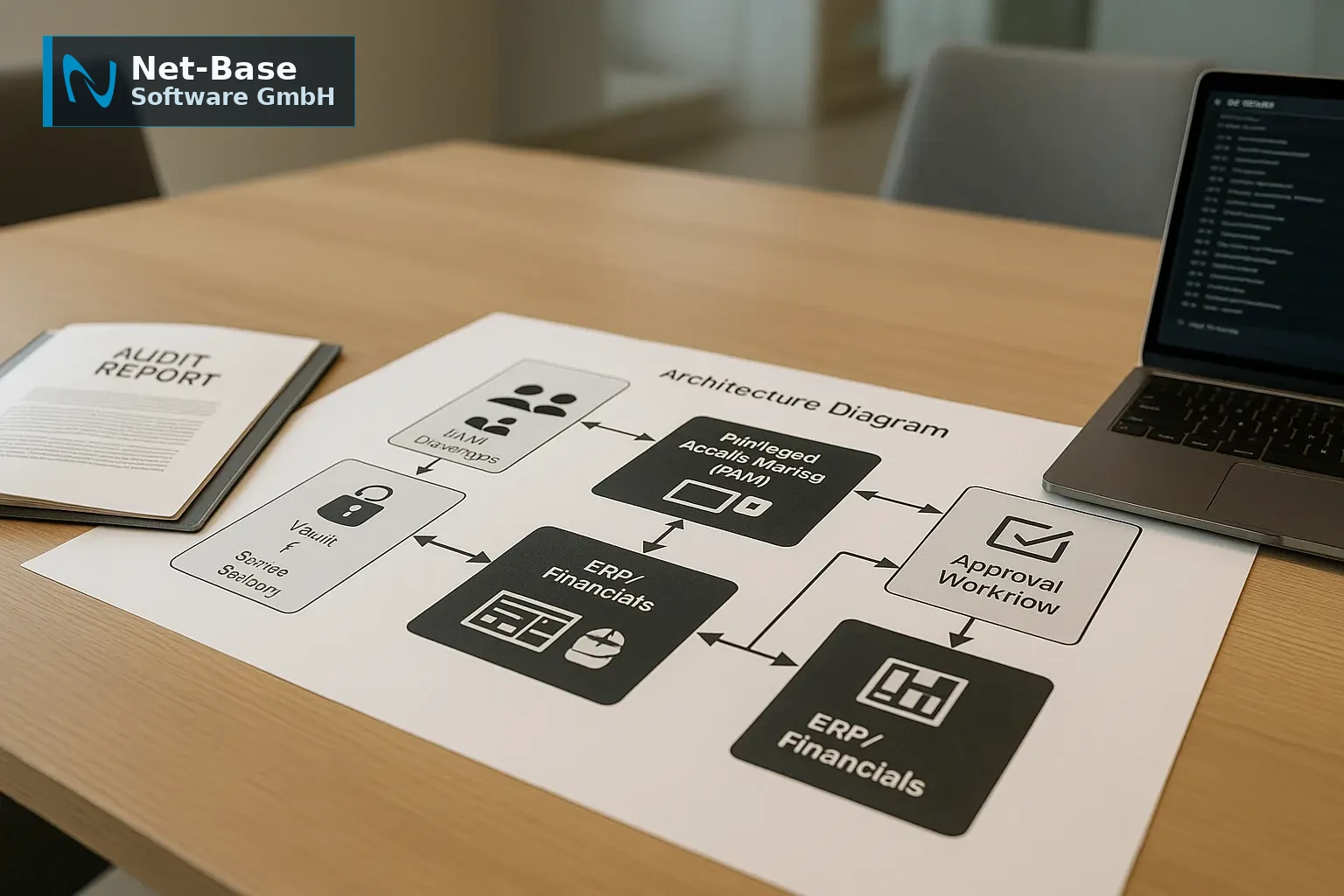 Architekturdiagramm einer SoD‑Lösung mit IAM, PAM, Vault, ERP und Approval‑Workflows zur Absicherung kritischer Prozesse