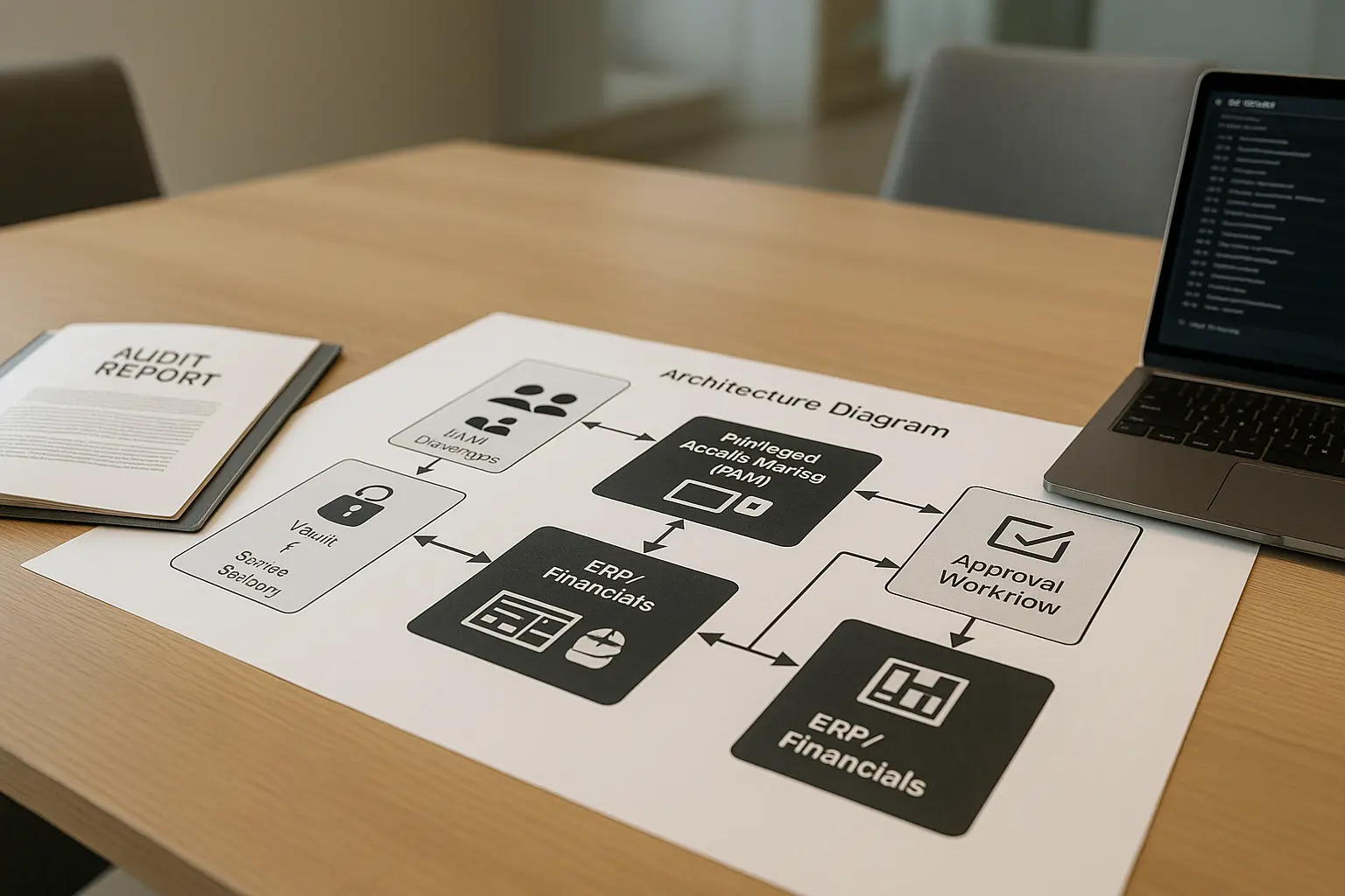 Architekturdiagramm einer SoD‑Lösung mit IAM, PAM, Vault, ERP und Approval‑Workflows zur Absicherung kritischer Prozesse
