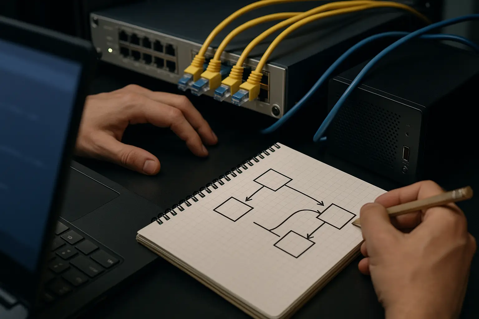 Troubleshooting-Situation mit Hardware-Setup und skizzierter Log-Queue-Problemanalyse