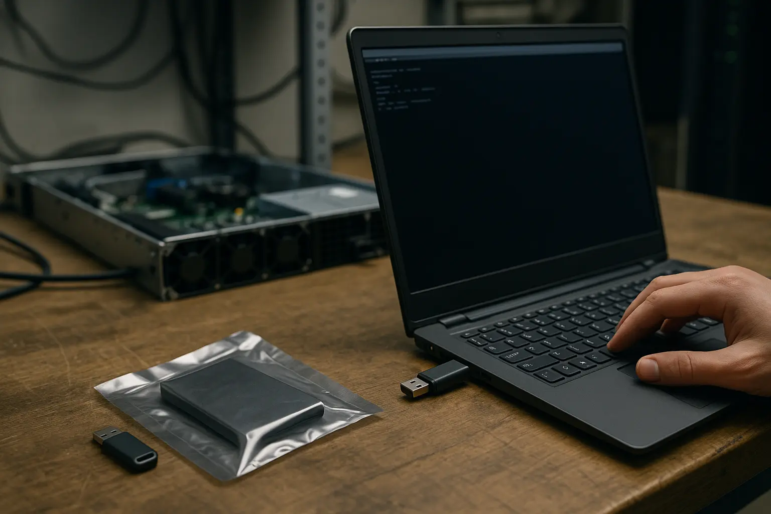 Rescue-Setup mit Laptop, Boot-USB und externer SSD für Recovery
