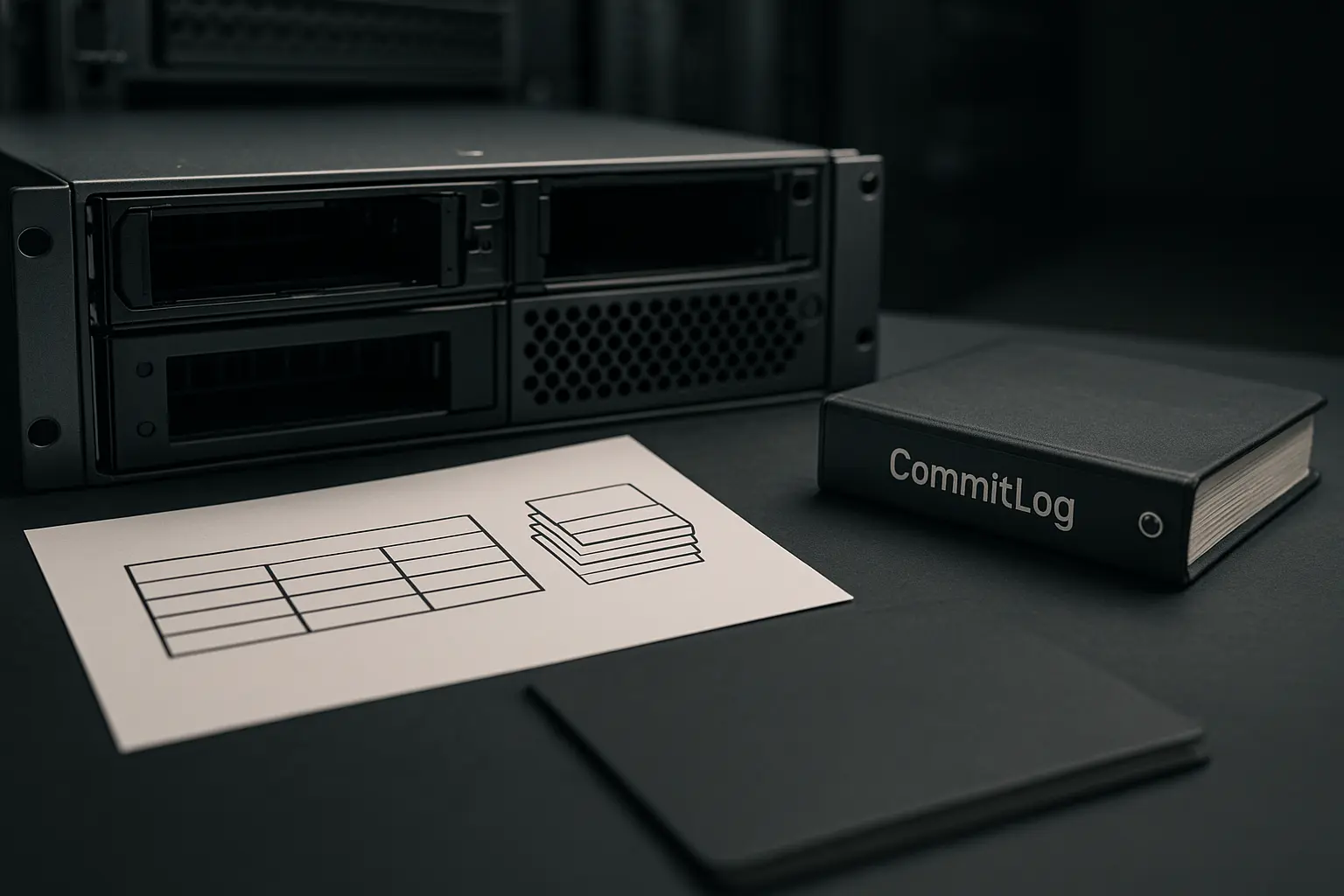 Foto eines Storage-Servers mit abstrahierten Dateisegmenten als Metapher für Cassandra SSTables und Commitlog.