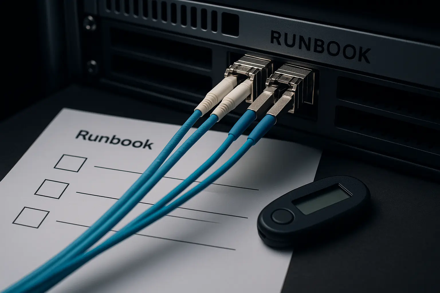 Storage-Controller mit Netzwerkverkabelung und Runbook-Unterlagen für Failover-Tests
