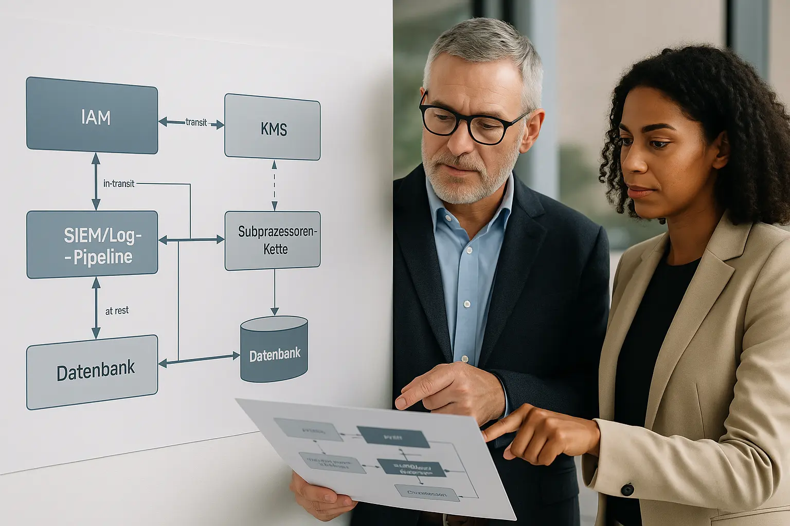 Architekturdiagramm der Anbieter‑Sicherheitsbewertung mit Datenfluss, IAM, KMS und SIEM