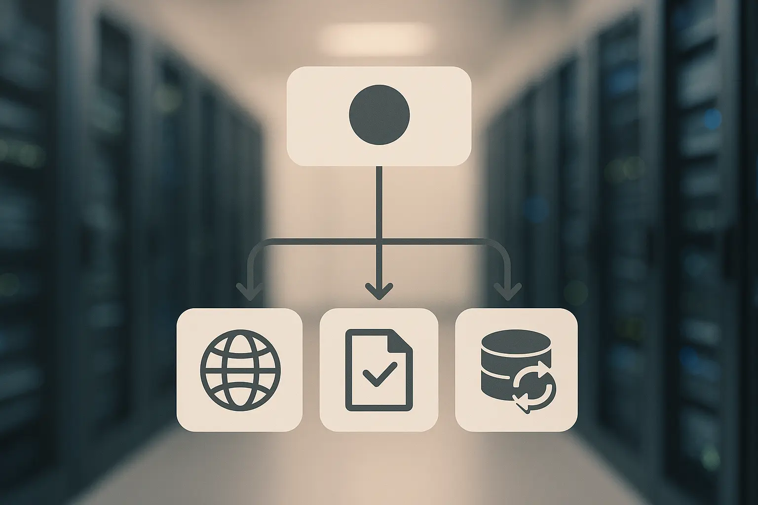 Nahaufnahme von Serverrack und textfreiem Replikationspfad-Diagramm als Symbol für SYSVOL/DFSR-Konsistenz.