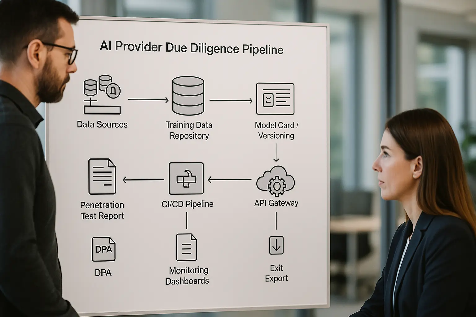 Architekturdiagramm einer Due‑Diligence‑Pipeline für KI‑Anbieter mit Datenquellen, Modell‑Versionierung, Pen‑Test‑Icon und...