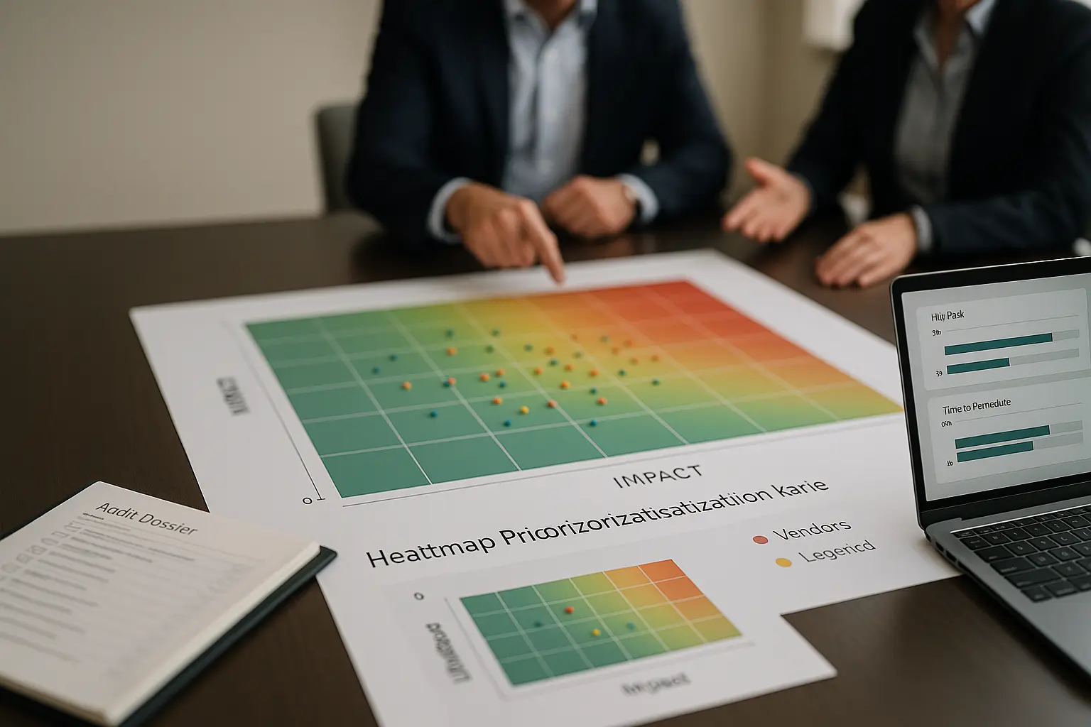 Heatmap‑Priorisierungskarte mit Vendor‑Punkten, Audit‑Dossier und KPI‑Dashboard auf Laptop