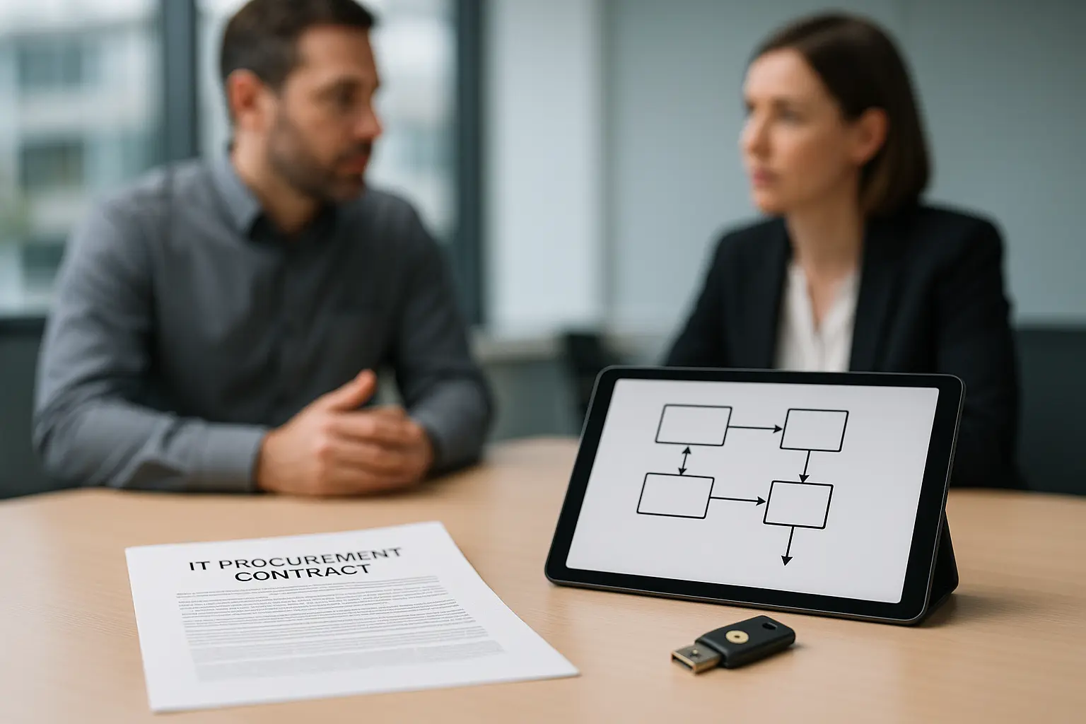 IT-Beschaffungsvertrag auf Tisch neben textfreiem Architekturdiagramm und Hardware-Sicherheitsschlüssel, im Hintergrund IT...