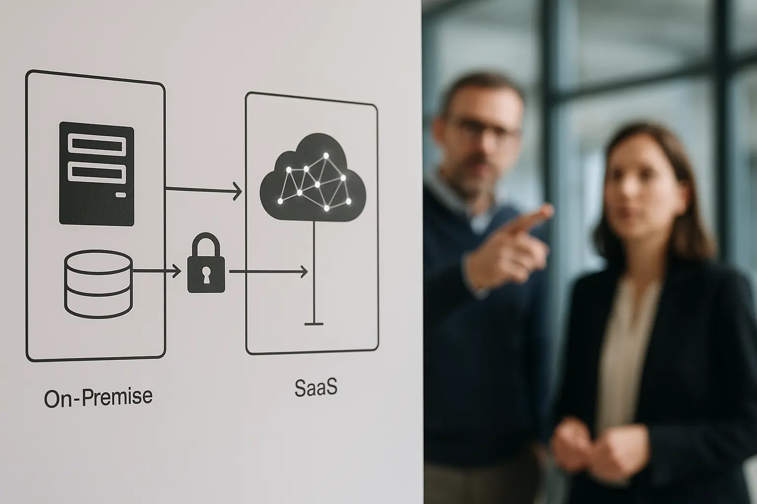 Architekturdiagramm mit Datenfluss zwischen On‑Premise‑Umgebung und SaaS‑Cloud, Fokus auf Verschlüsselung und...
