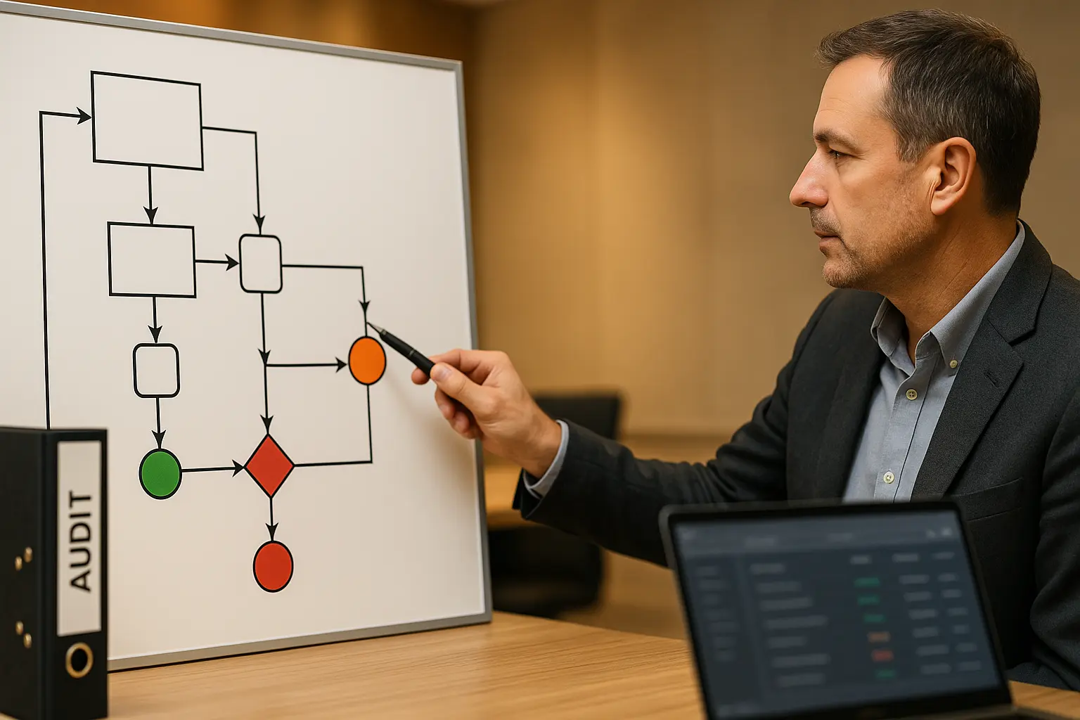 Audit-Workshop mit textfreiem Diagramm für Drittanbieter-Monitoring und Eskalationspfad