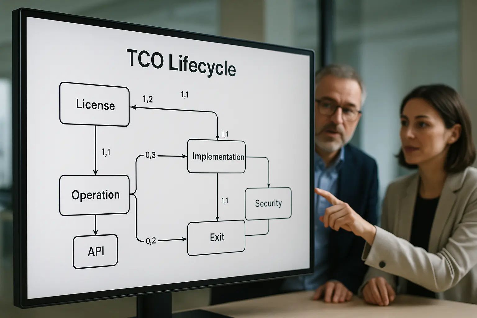 TCO‑Lifecycle‑Diagramm auf Monitor mit Procurement‑ und IT‑Team im Hintergrund