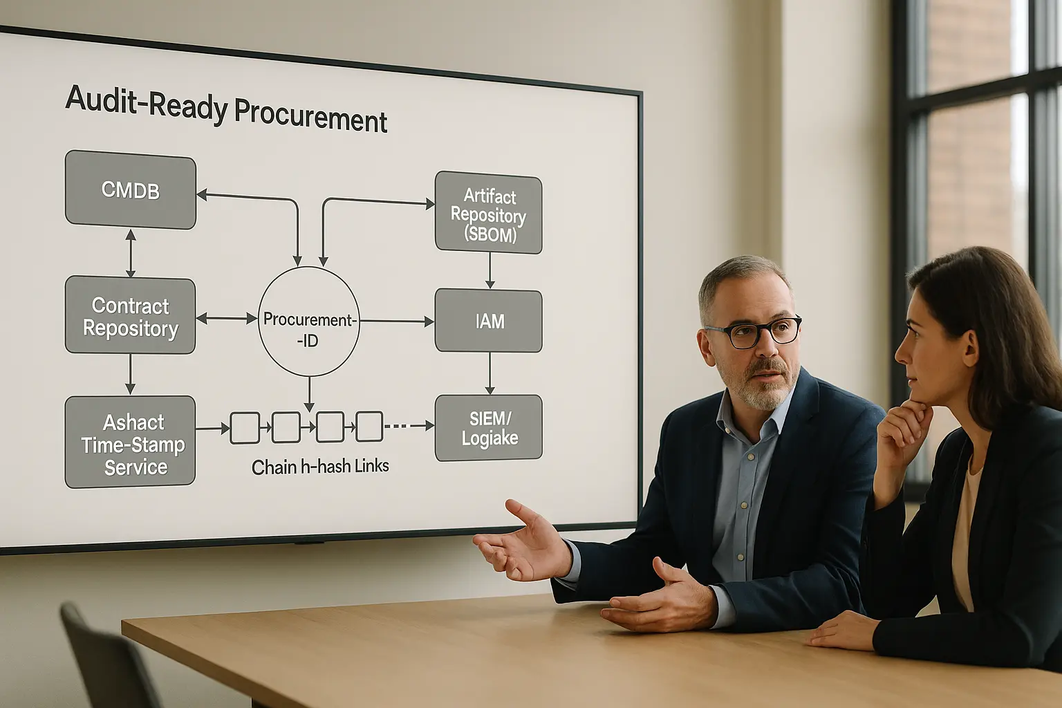 Architekturdiagramm eines auditfähigen Beschaffungsworkflows mit CMDB, Contract Repository, Artifact Repository und einer...