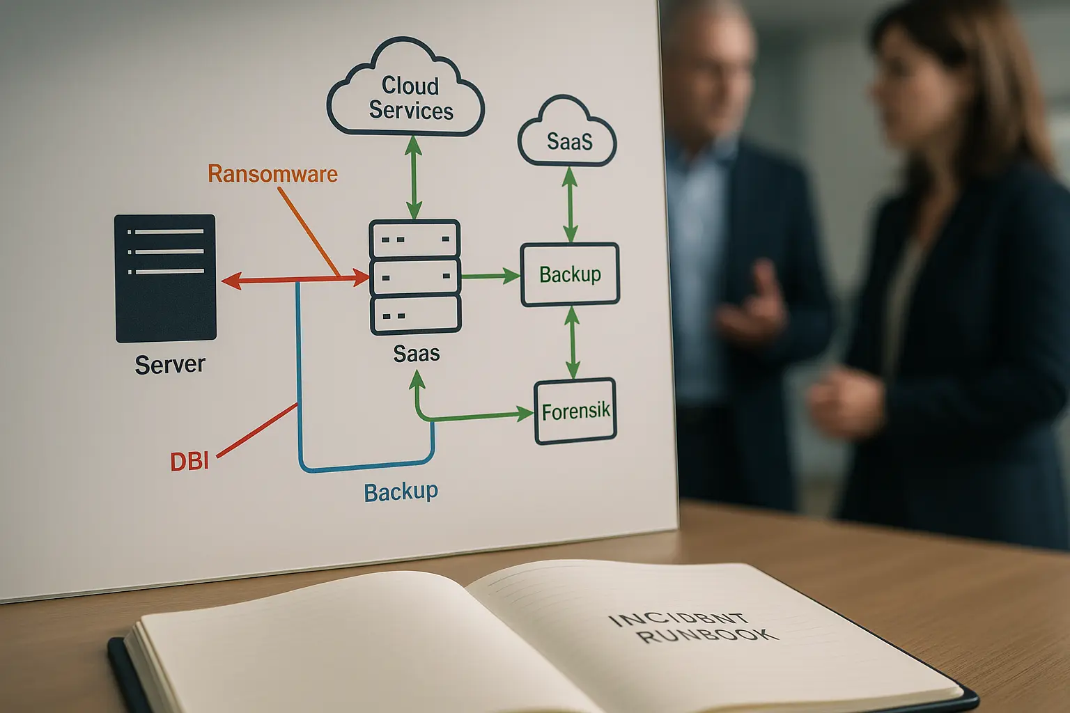 Schematisches IT‑Architekturdiagramm mit markierten Versicherungsdeckungen für Ransomware, Cloud, Third‑Party und Backup