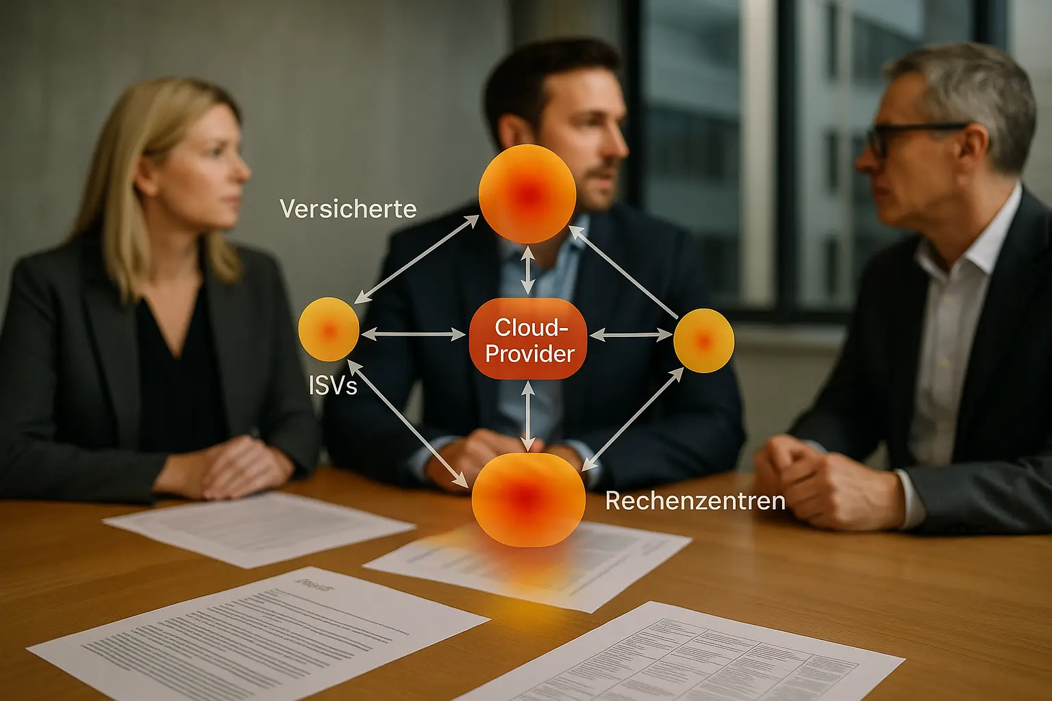 Architekturdiagramm mit Netzwerkgraph, Heatmap der Portfolio‑Konzentrationen und markierten gemeinsamen Cloud‑Providern
