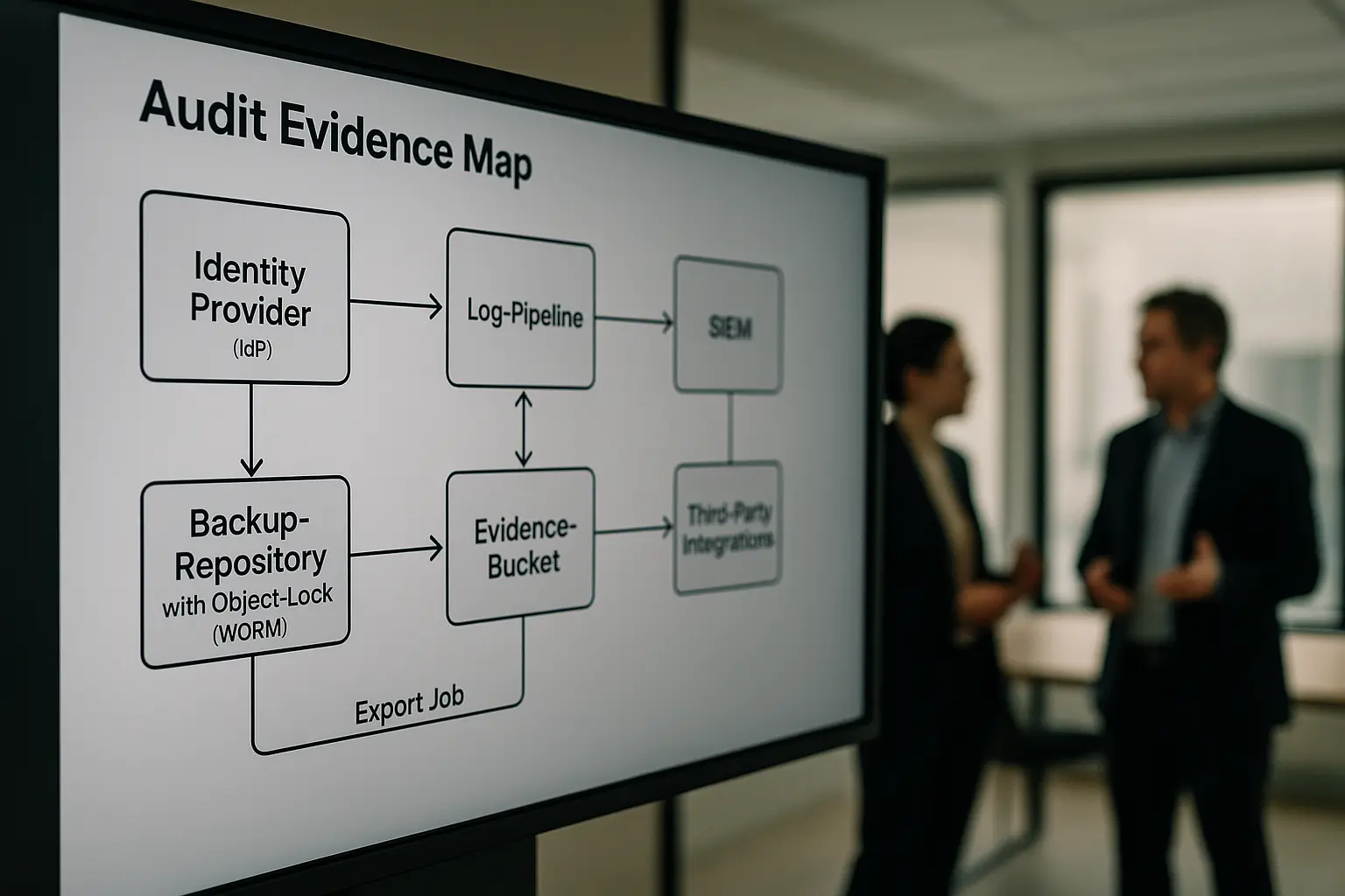Architekturdiagramm 'Audit Evidence Map' mit IdP, Log‑Pipeline, Backup‑Archiv und Evidence‑Bucket