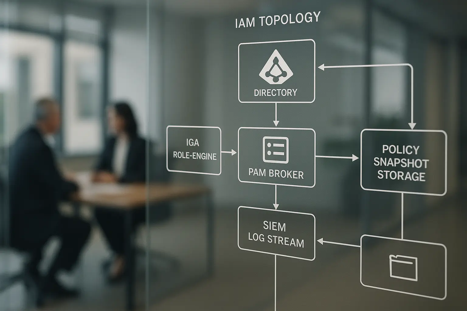 Architekturdiagramm einer IAM-Topologie mit Rollenfluss, PAM-Broker und Audit-Logs