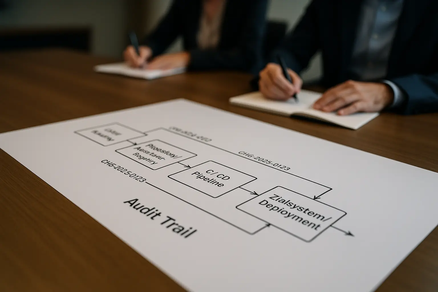 Architekturdiagramm eines Audit-Trails im Change-Management mit verknüpften Systemblöcken für Ticketing, CI/CD, Deployment...