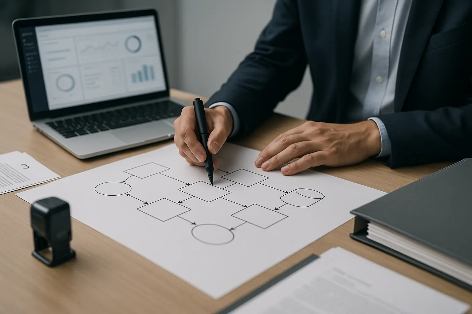 Audit-Szene mit Architekturdiagramm einer Scan-Pipeline und Prüfunterlagen als Nachweis für Vulnerability Management