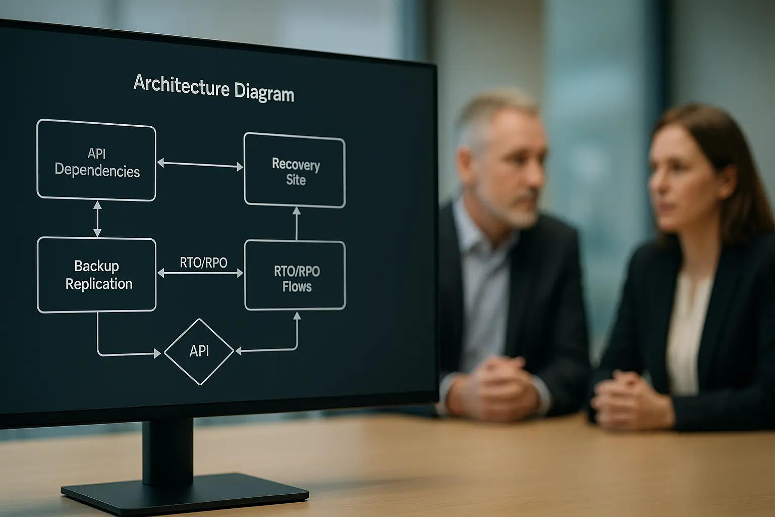 Architekturdiagramm eines BCMS mit RTO/RPO-Flows, Backup‑Replikation und Recovery‑Site‑Topologie, im Hintergrund Personen...
