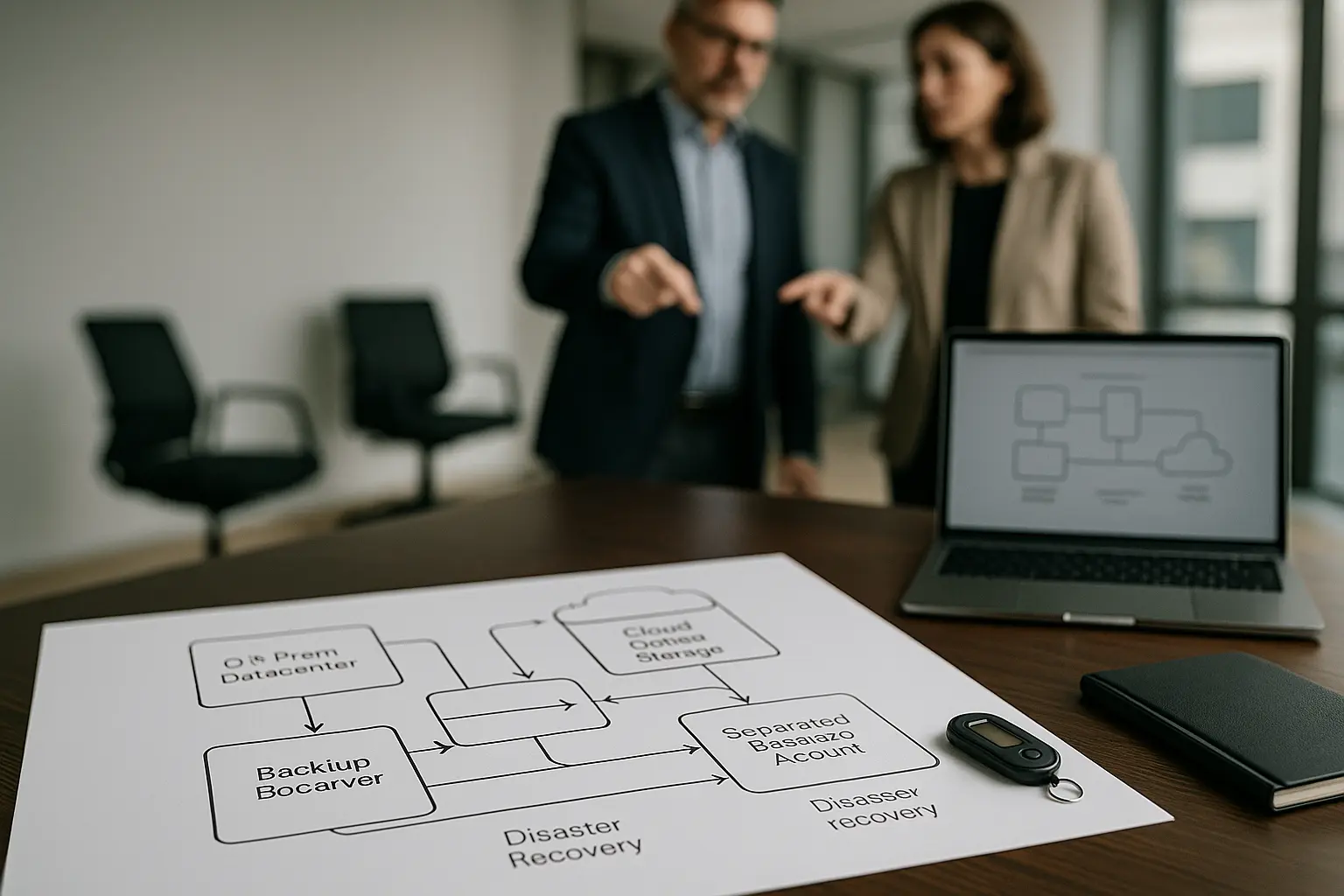 Architekturdiagramm einer Hybrid-Backup-Strategie mit On-Prem-Systemen, Cloud-Object-Storage und immutable Backup-Tresor...