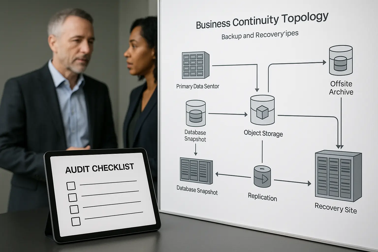Architekturdiagramm einer Business‑Continuity‑Topologie mit Backup‑ und Recovery‑Pipelines
