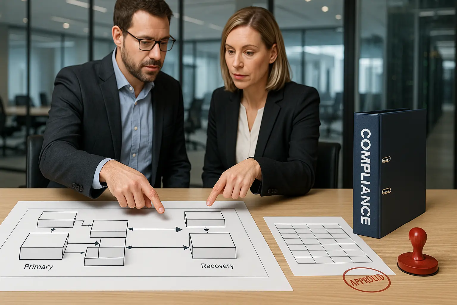Architekturplan mit Datenfluss zwischen Primär- und Recovery-Standort sowie Bewertungsmatrix zur Notfall-Standortwahl auf...
