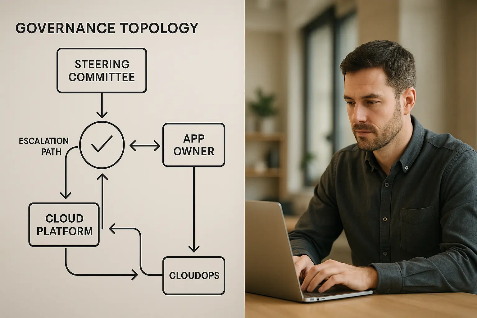 Diagramm einer Governance-Topologie für Cloud-Migration mit Rollenblöcken, Eskalationspfaden und Compliance-Checks