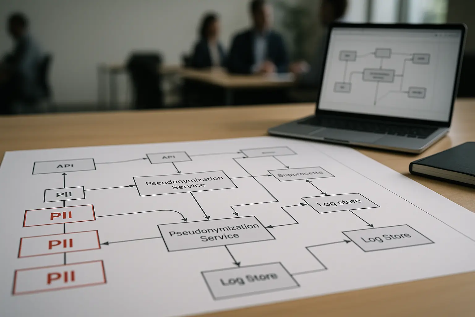 Datenflussdiagramm einer automatisierten Prozesskette mit markierten personenbezogenen Daten und zentralem...