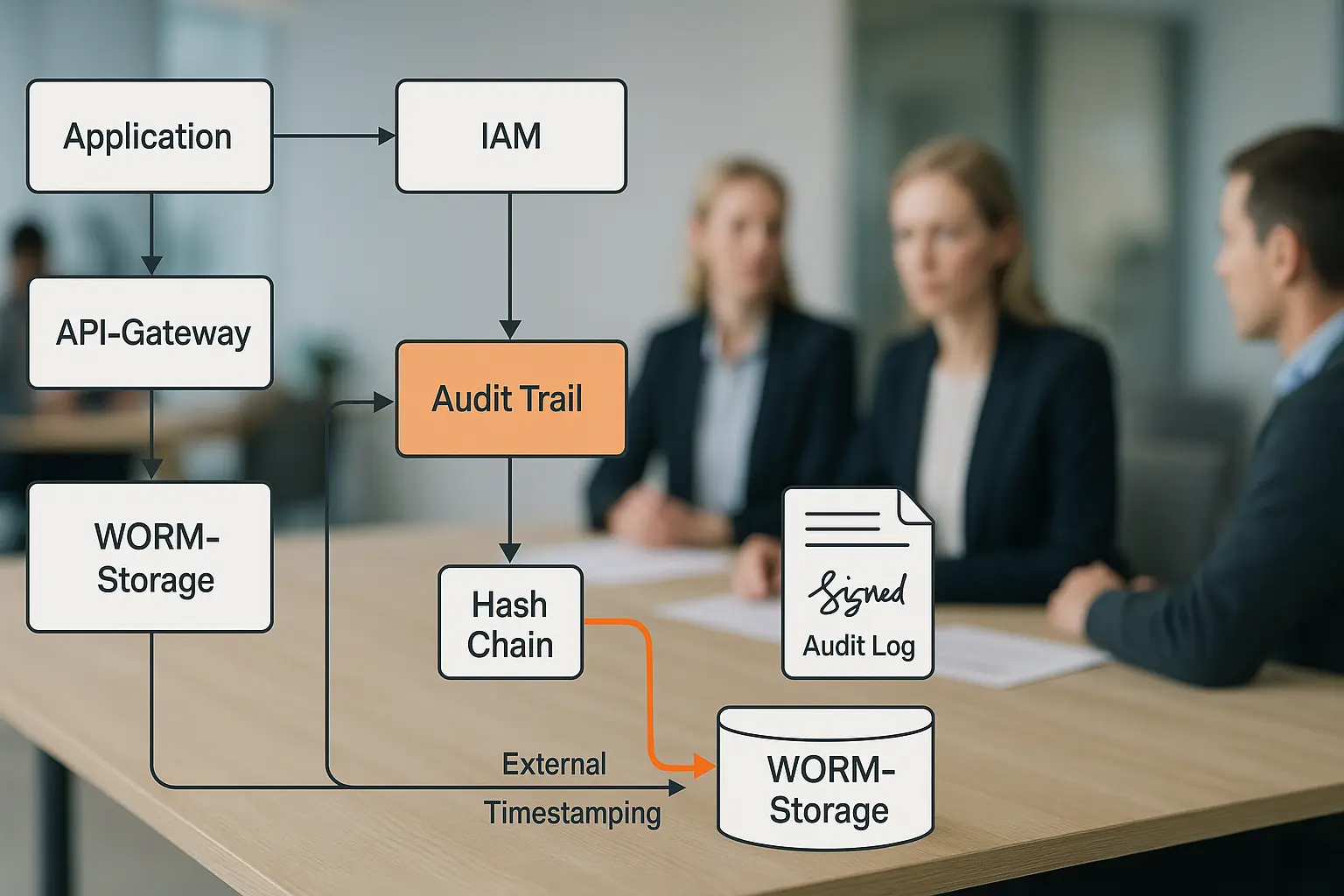 Architekturdiagramm eines digitalen Kernprozesses mit Audit‑Trail‑Datenfluss und Hash‑Chain‑Integritätsnachweis