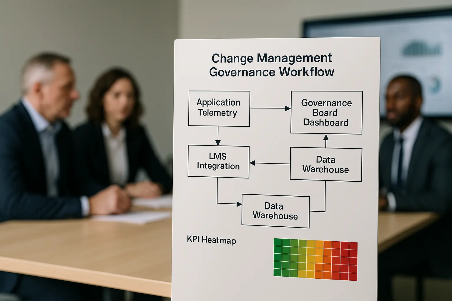 Schematisches Architekturdiagramm eines Change-Management-Governance-Workflows mit KPI-Heatmap und Workshop-Kontext