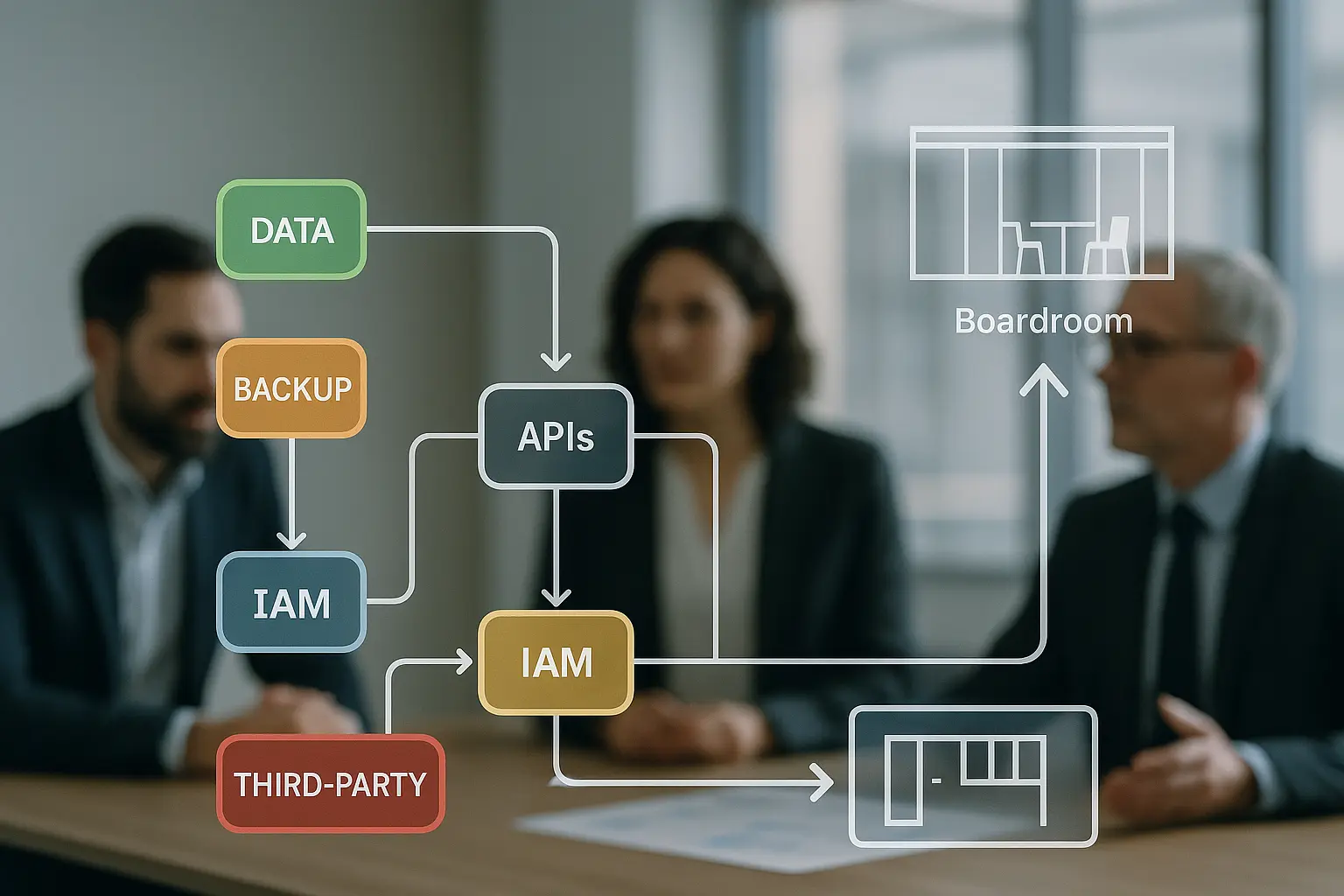 Architekturdiagramm mit hervorgehobenen Prüffeldern (Daten, IAM, APIs, Backup) und Reporting‑Pfad zum Vorstand