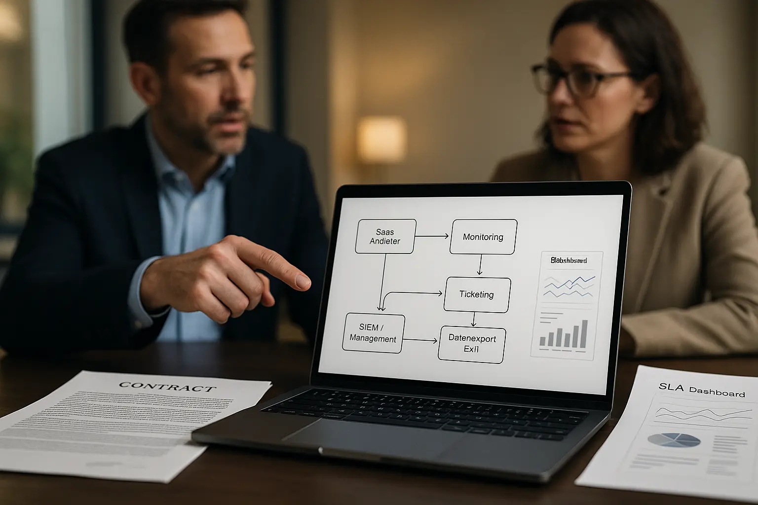 IT- und Compliance-Team prüft SaaS-Vertrag, SLA-Dashboard und Architekturdiagramm für Vendor-Governance