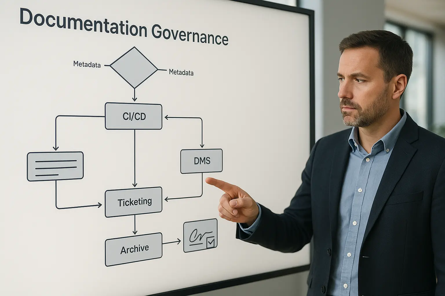 Architekturdiagramm mit Entscheidungsbaum und Metadatenfeldern zur Dokumentations‑Governance