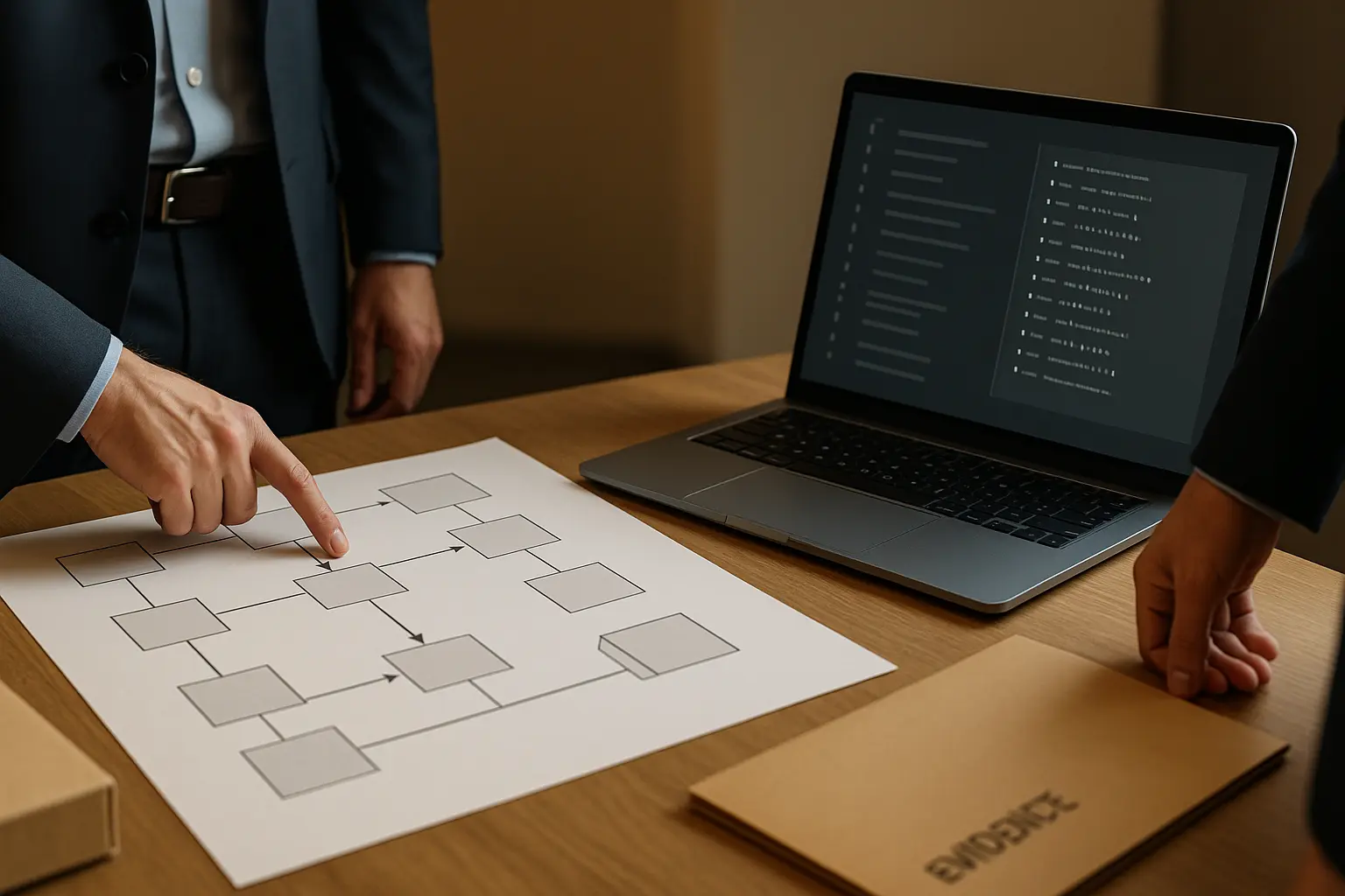Audit-Szene mit Systemarchitekturdiagramm, Hash-Manifest und Evidence-Ordner zur Beweissicherung in der IT-Dokumentation