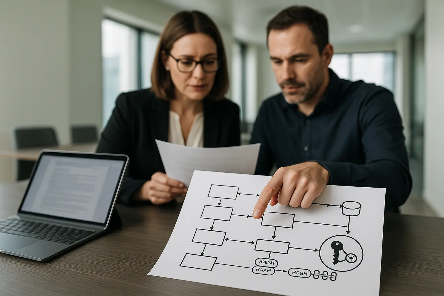 IT-Manager und Compliance-Verantwortliche prüfen Dokumentversionen mit Hash- und Signaturkette anhand eines Diagramms.