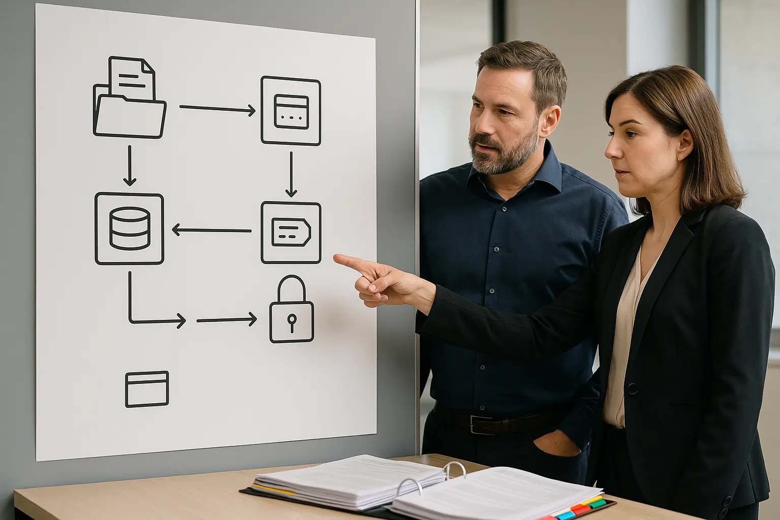 IT-Manager und Compliance-Verantwortliche prüfen ein Diagramm zum Retention- und Löschkonzept für IT-Dokumentation mit...