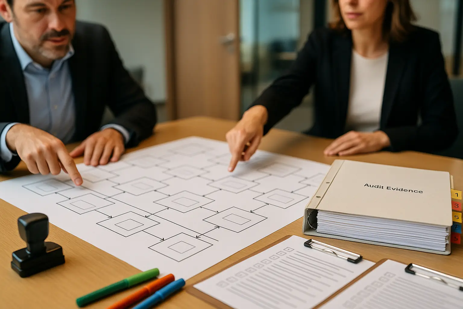 Architekturdiagramm und Audit-Nachweise auf einem Tisch als Grundlage für KPIs zur Dokumentationsqualität