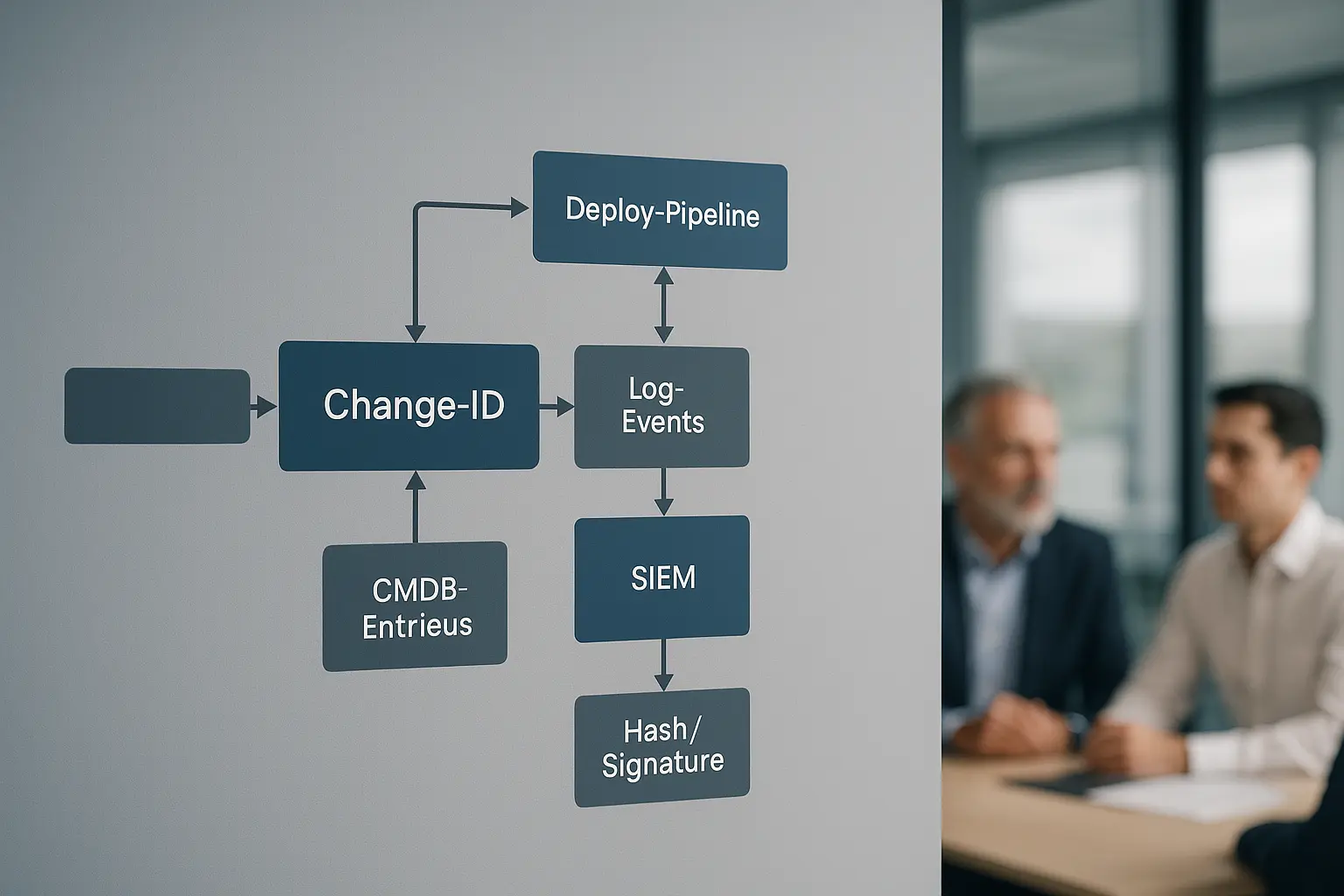 Architekturdiagramm mit Change-Audit-Chain, Change-ID, Deploy-Pipeline und Log-Events als zentrales Motiv