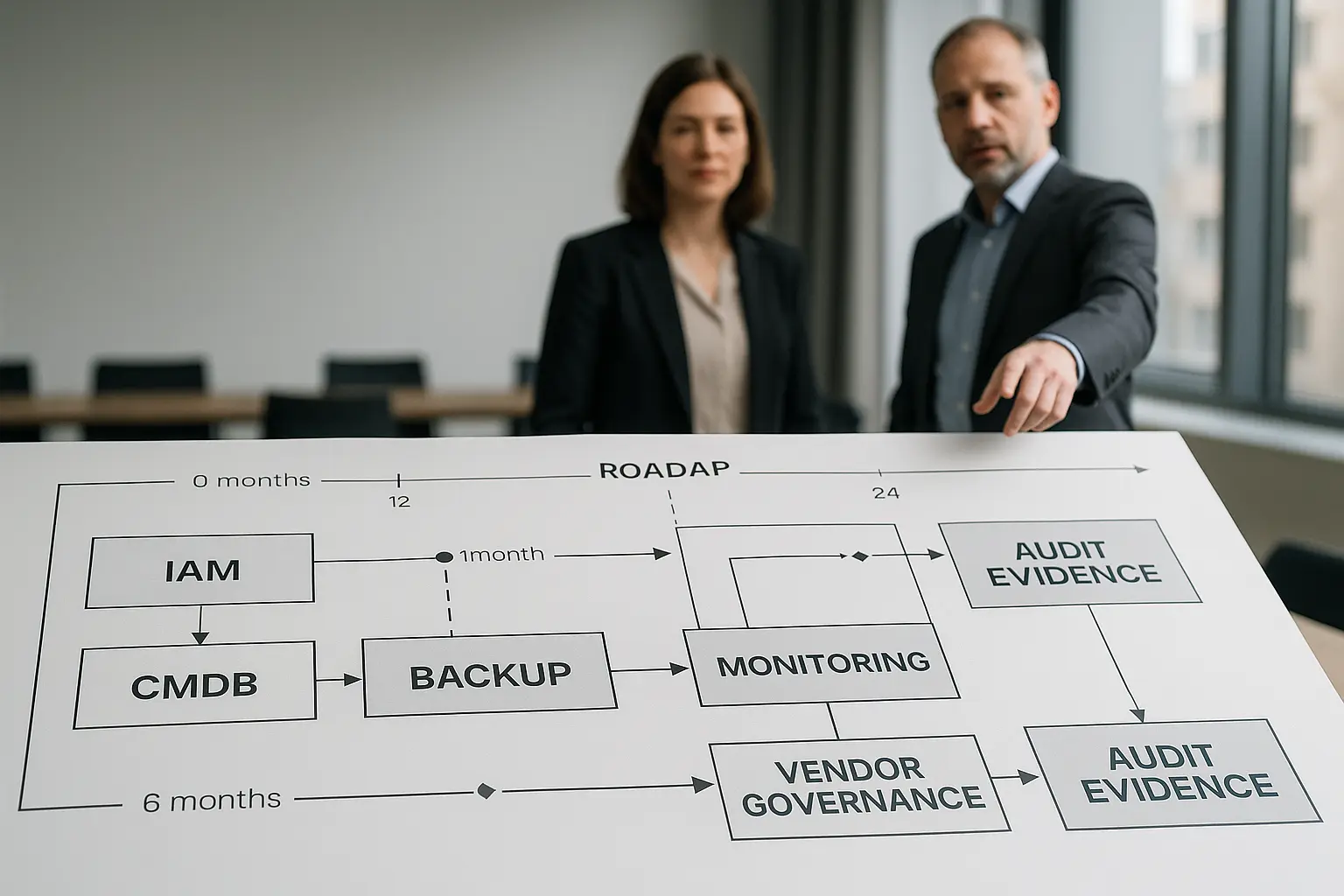 Diagramm einer 24-Monats IT-Governance-Roadmap mit Systemblöcken für IAM, CMDB, Backup und Monitoring