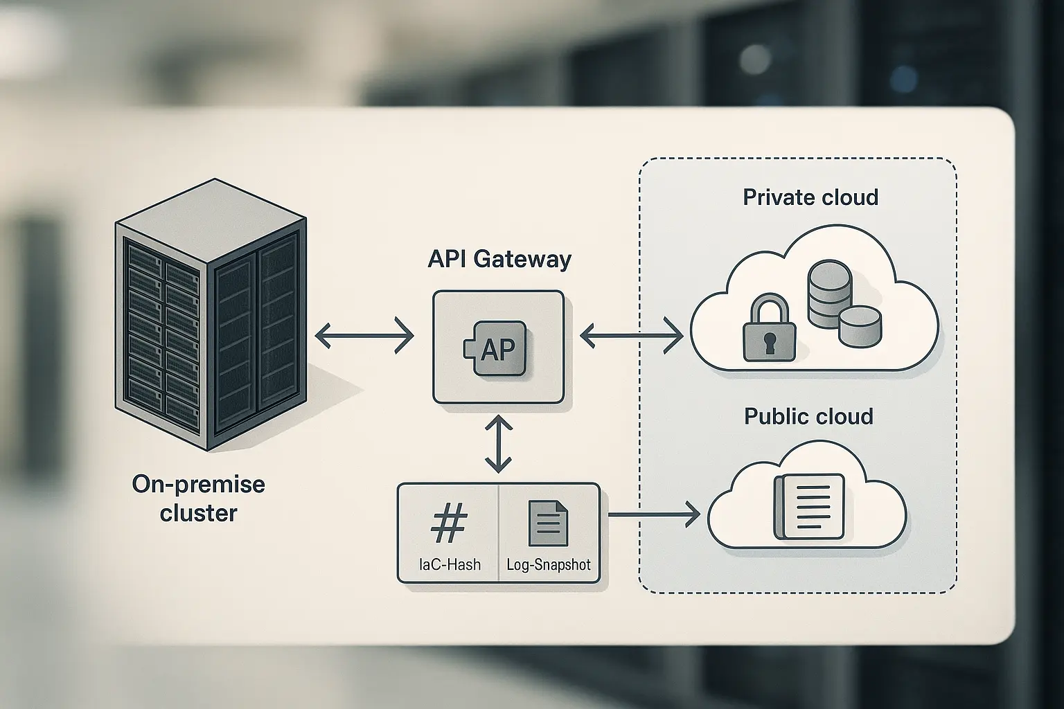 Diagramm einer Hybrid-Anwendungslandschaft mit On‑Premise‑Cluster, Private‑Cloud‑Zone, Public‑Cloud‑Services und...