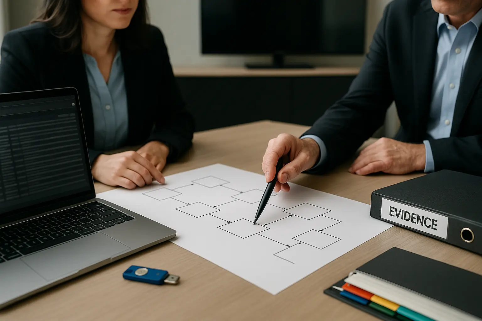 Audit-Tisch mit Architekturdiagramm, Log-Auszug und MFA-Token als Evidence für ein risikobasiertes IT-Audit