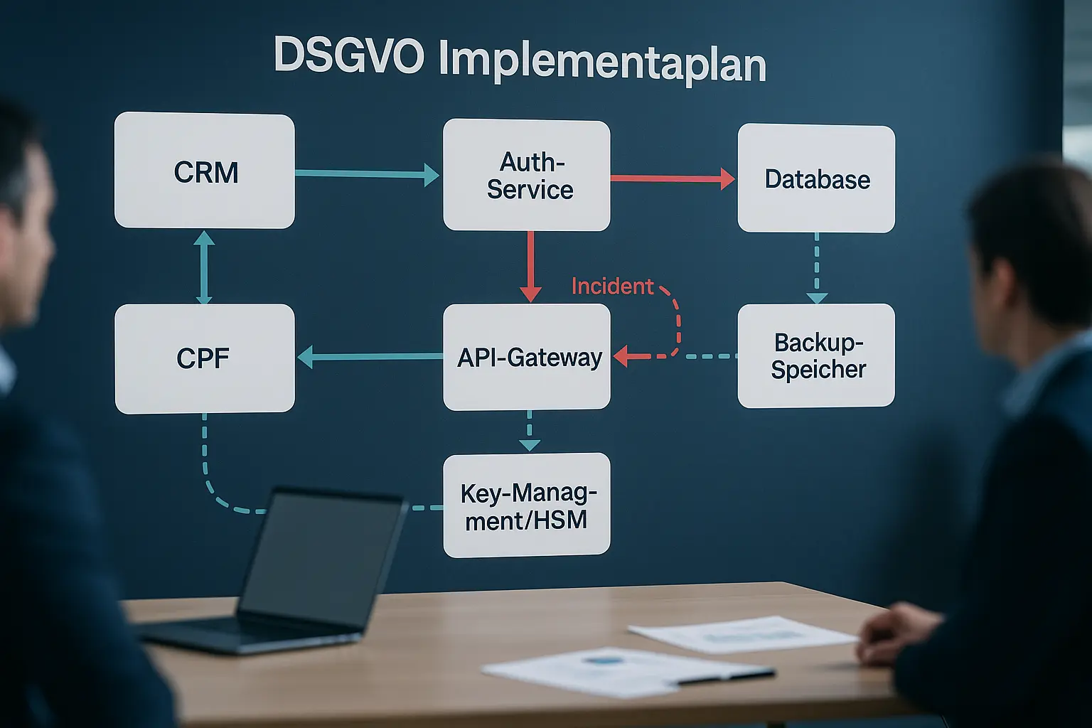 Datenflussdiagramm mit Systemblöcken, Key‑Management‑Icon und Incident‑Pfad als Illustration eines DSGVO‑Umsetzungsplans
