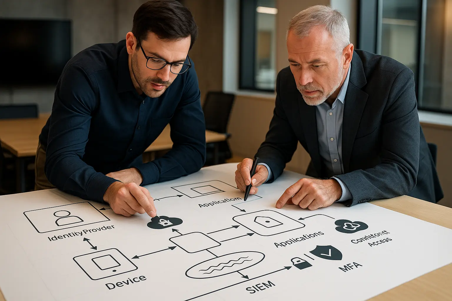 IT- und Compliance-Team prcft ein Zero-Trust-Architekturdiagramm mit Zugriffspfaden und Kontrollpunkten