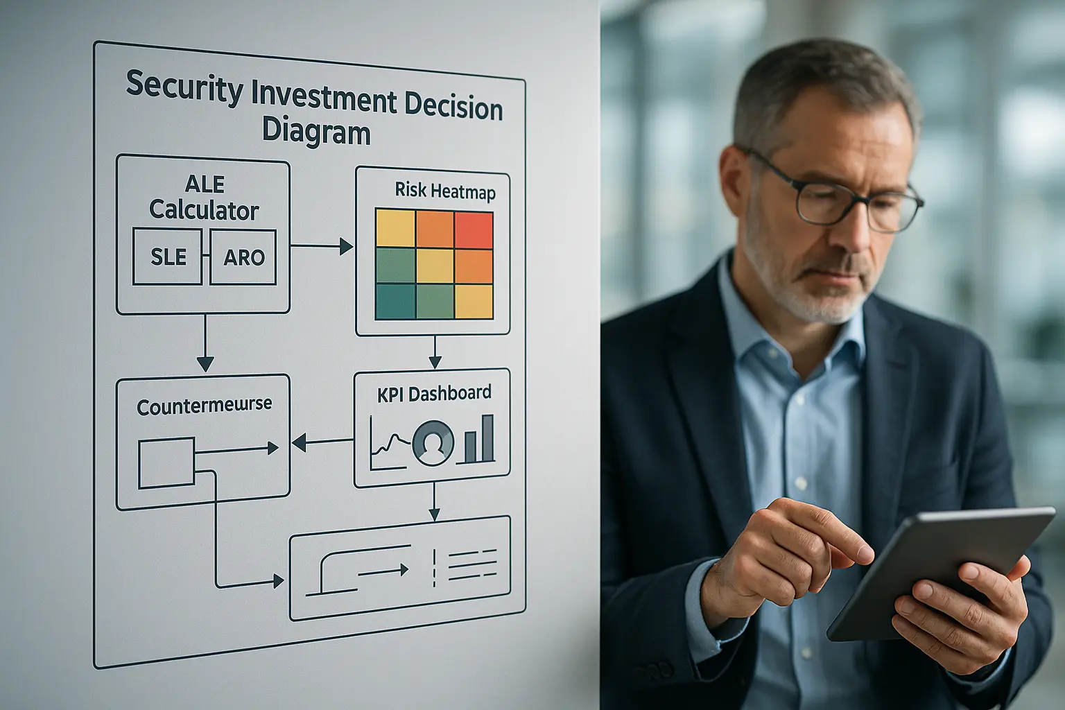 Architekturdiagramm für Sicherheitsinvestitionen mit ALE‑Rechner, Risiko‑Heatmap und KPI‑Dashboard