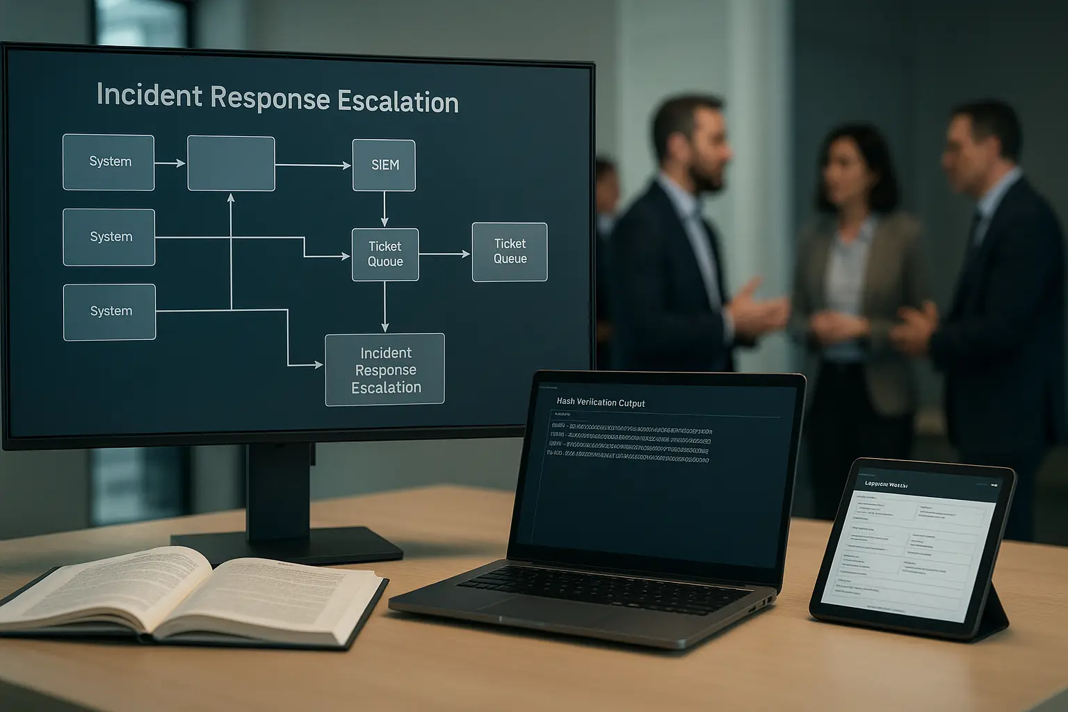 Konferenzdisplay mit Incident‑Response‑Eskalationsdiagramm, Systemblöcken und Pfeilen; Team diskutiert im Hintergrund