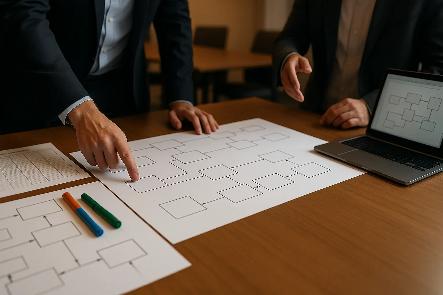 Workshop-Tisch mit textfreien Architekturdiagrammen und Risiko-Register, an dem IT- und Compliance-Verantwortliche...