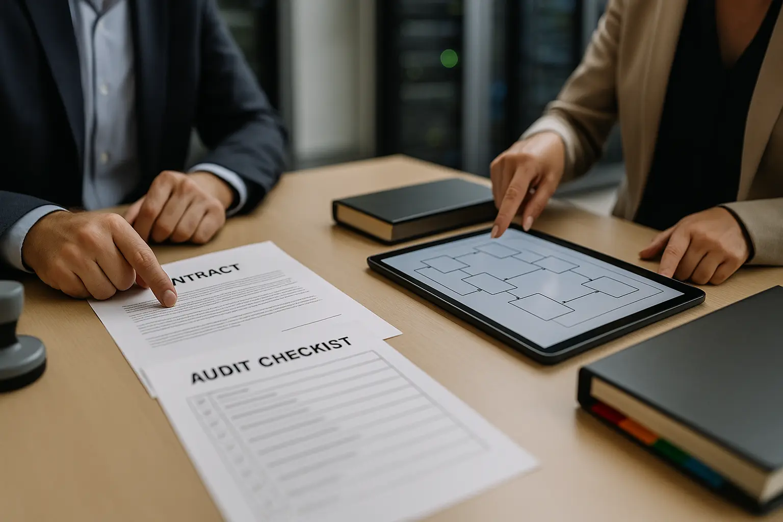 Vertragsdokument und Audit-Checkliste neben einem Architekturdiagramm als Symbol für Third-Party-Risk-Management bei...