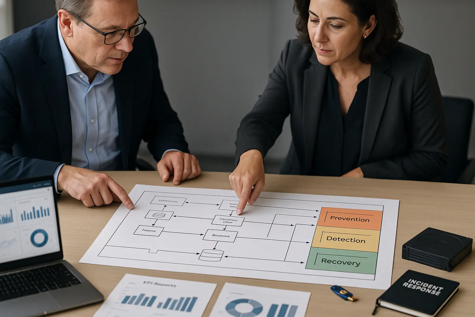 IT- und Compliance-Team betrachtet ein Resilienz-Board mit Datenflüssen und Recovery-Pfad sowie KPI-Auswertungen zur...