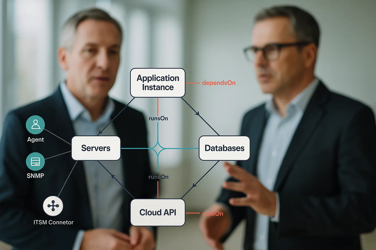 Architekturdiagramm einer CMDB‑Topologie mit Relationship‑Graph, Discovery‑Connectors und ITSM‑Integration