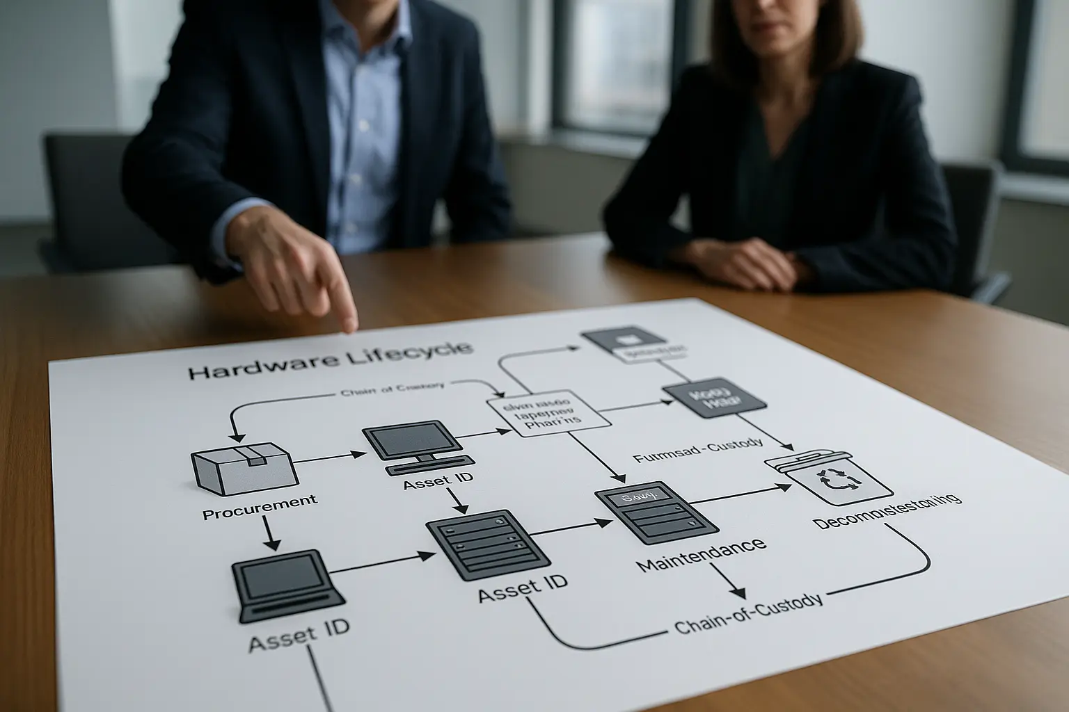 Systemdiagramm des Hardware-Lifecycle mit Asset-Flow, Firmware-Pipeline und Chain-of-Custody