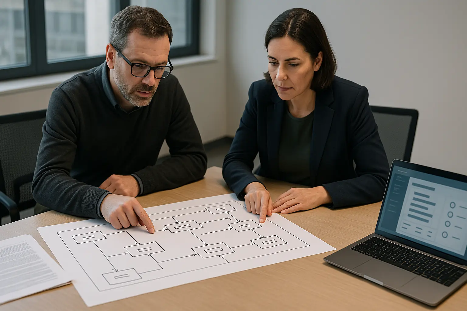 IT- und Compliance-Verantwortliche prüfen ein Systemdiagramm und Vertragsunterlagen zur Lizenzbilanz für ein Lizenzaudit.